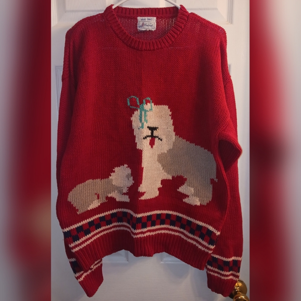 VTG Hand Knit Windcrest Sweater Old English Sheepdog & Puppy Large